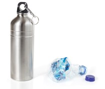 Reusable stainless steel water bottle in place of wasteful disposable plastic water bottle,